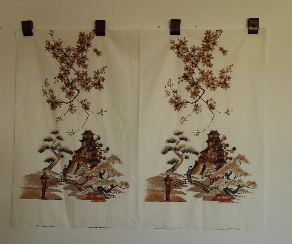 RARE Vintage Alfred Shaheen Hand-Printed Fabric Linen 1.5 Yards Japanese Motif